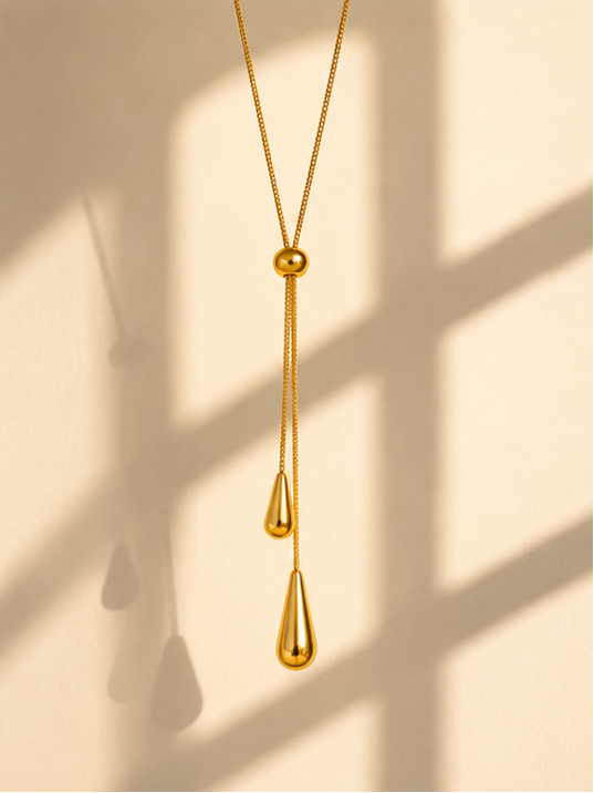 Adjustable gold bolo Y-necklace with waterdrop silhouette styled at neckline – party wear and daily wear for Indian women