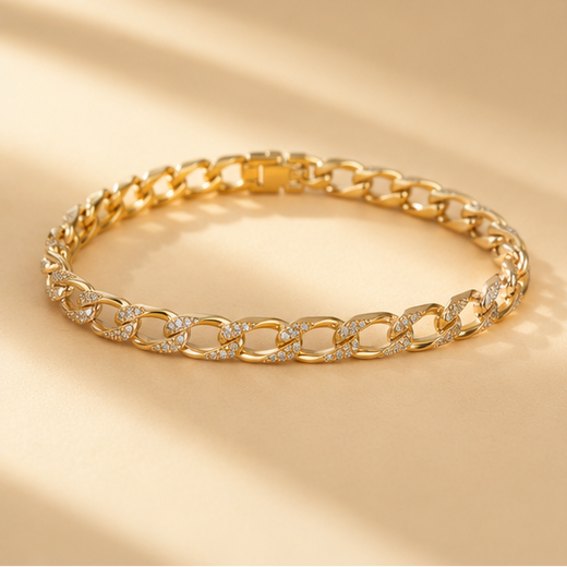 Gold chain bracelet with CZ stones for women – twist link design, anti-tarnish gold plated festive jewellery by JeevaFashions