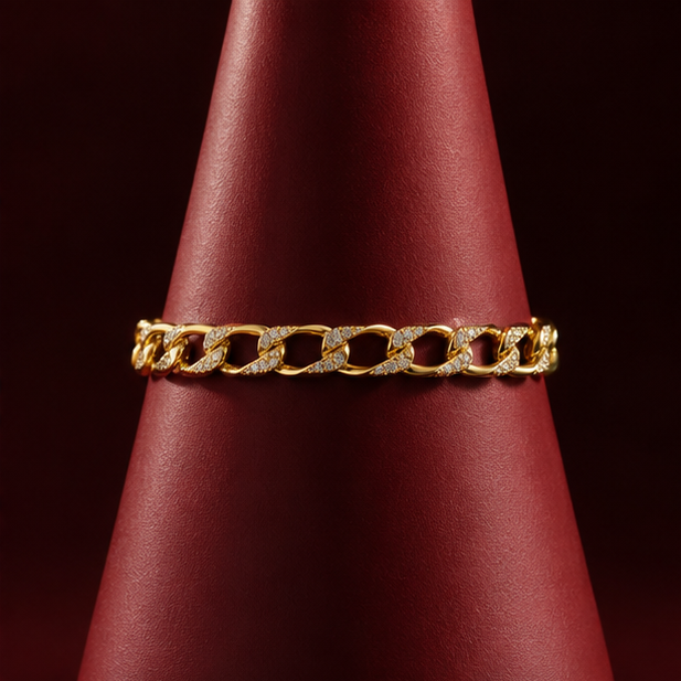 Flat lay of gold chain bracelet with CZ stones – anti-tarnish waterproof gold plated bracelet for women by JeevaFashions