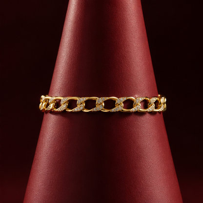 Flat lay of gold chain bracelet with CZ stones – anti-tarnish waterproof gold plated bracelet for women by JeevaFashions