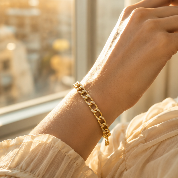 Gold chain bracelet with CZ stones worn on wrist – festive and bridal jewellery for Indian women by JeevaFashions