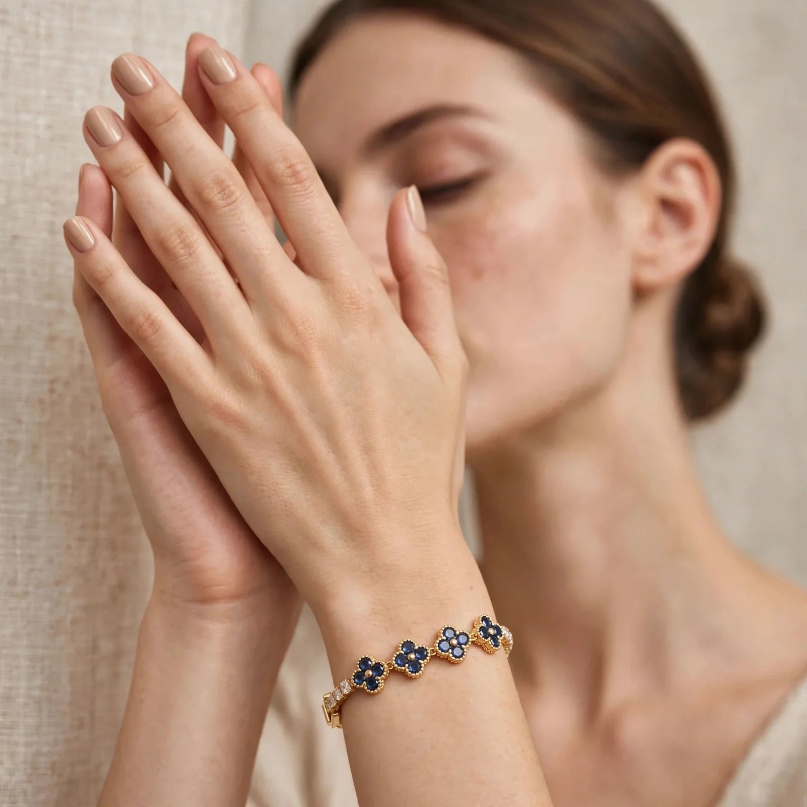 Blue clover tennis bracelet editorial shot for women JeevaFashions