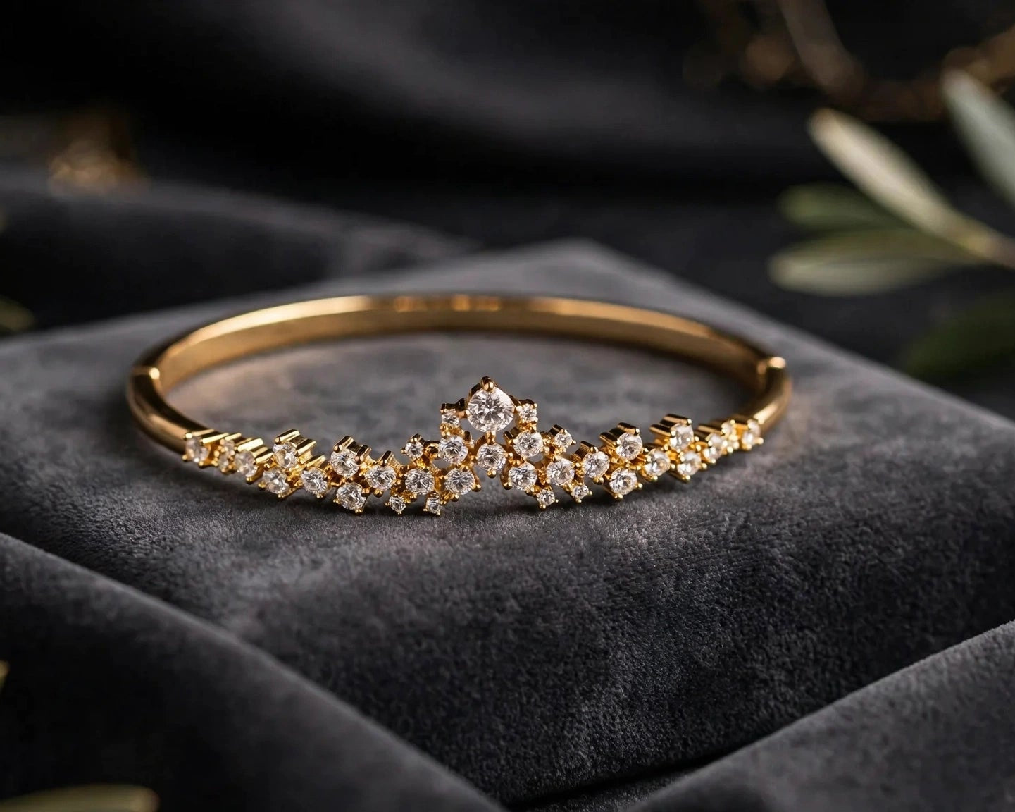 Gold CZ bangle bracelet on ivory silk, anti-tarnish jewellery for women at JeevaFashions