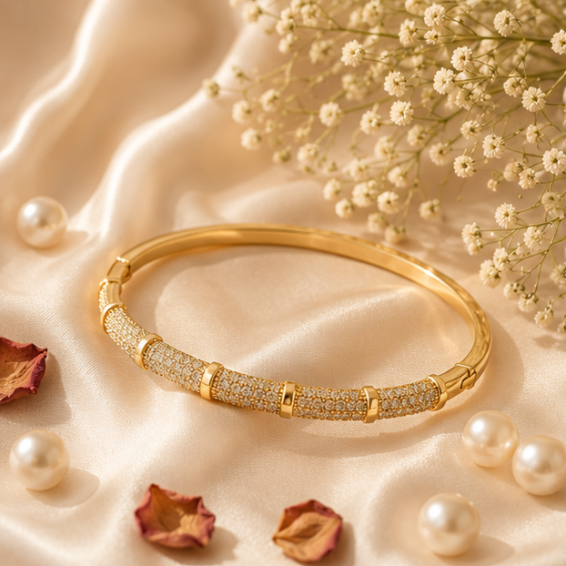 Gold geometric kada bracelet for women – traditional Indian cuff bangle with modern angular design