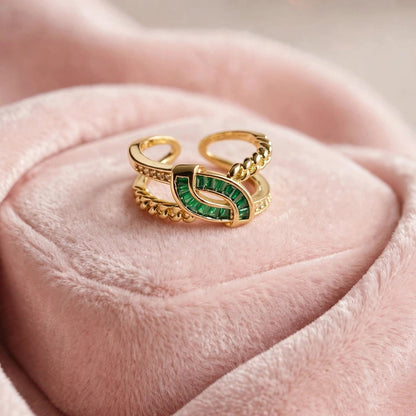 Side angle of green crystal knot ring with rope-twist band for women at JeevaFashions