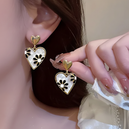 Gold heart drop earrings with floral charm for women JeevaFashions