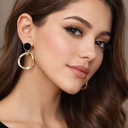 Gold hoop earrings with black stud accent close up JeevaFashions