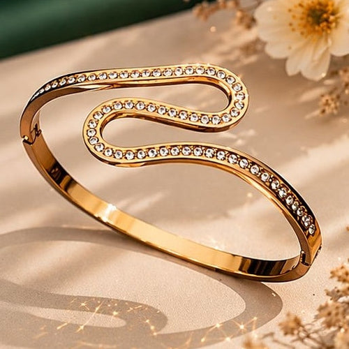 Gold kada bracelet with clear CZ crystal S-shape design JeevaFashions