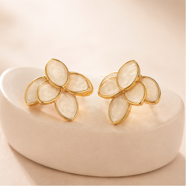 Gold tone layered petal earrings for weddings JeevaFashions