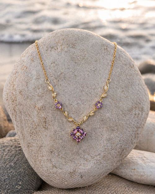 gold necklace with purple stones floral style - jeevafashions