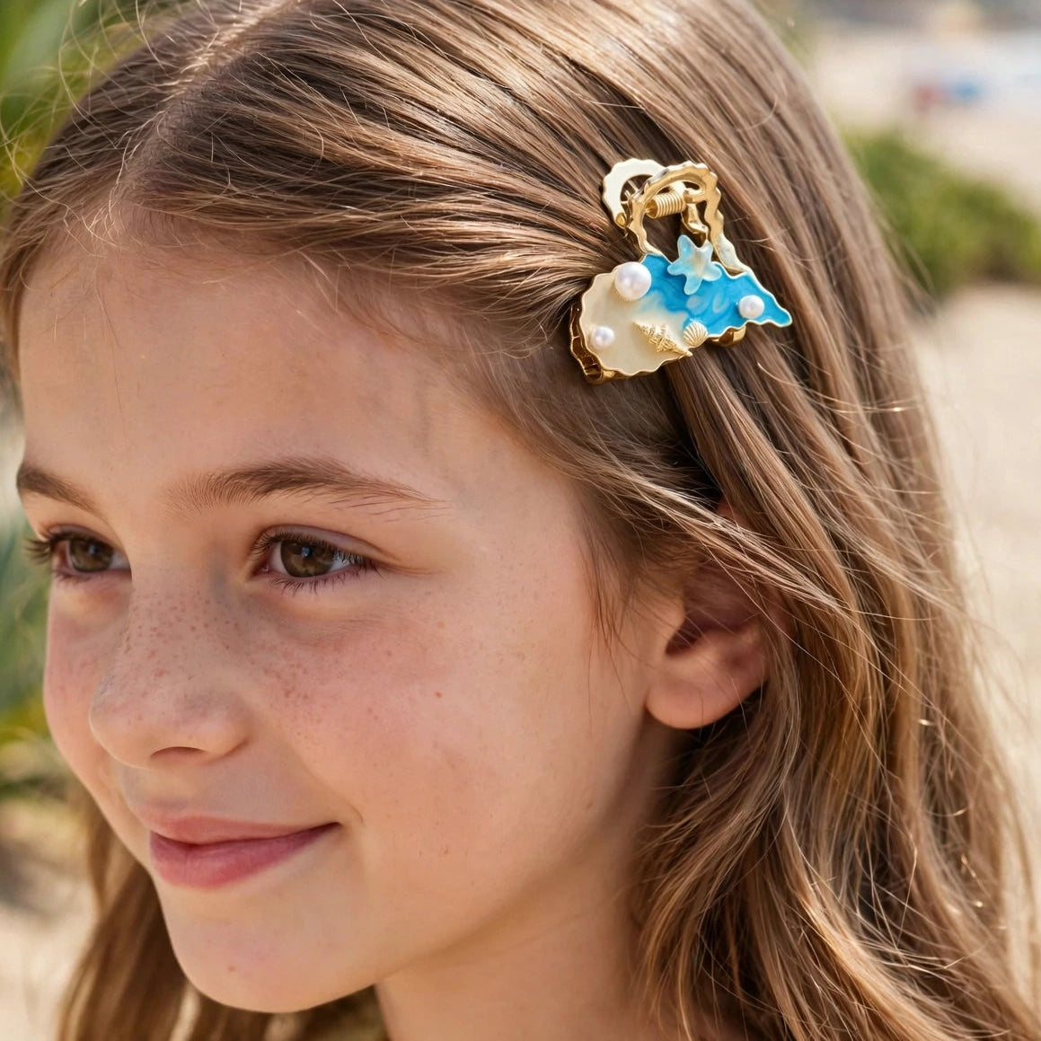 Close-up of starfish and pearl charms on ocean-themed claw clip for women at JeevaFashions