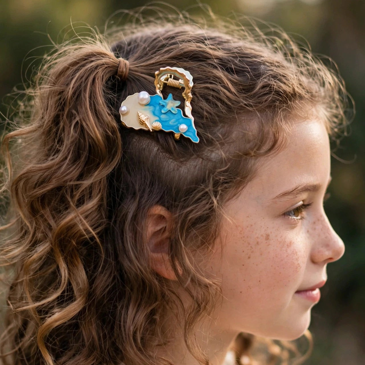 Ocean starfish pearl claw clip styled in hair for women at JeevaFashions
