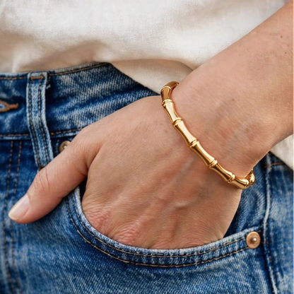 Side angle of gold open cuff bamboo bangle bracelet for women at JeevaFashions
