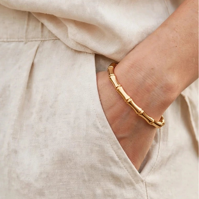 Open cuff bamboo bangle bracelet styled on wrist for women at JeevaFashions