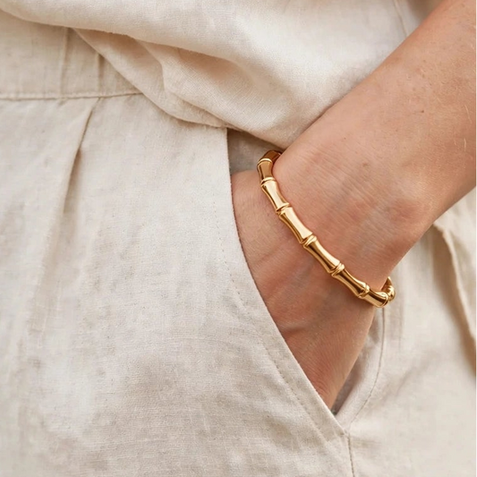 Open cuff bamboo bangle bracelet styled on wrist for women at JeevaFashions