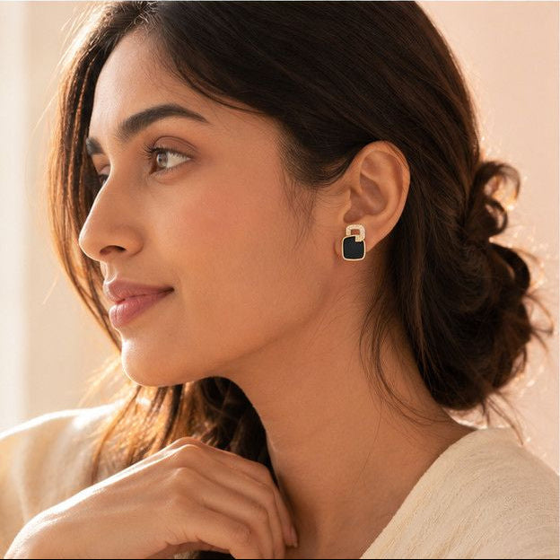 Gold plated black enamel square stud earrings – waterproof Korean-inspired jewellery for daily and festive wear