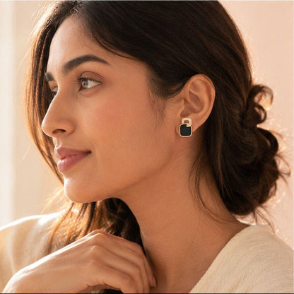 Gold plated black enamel square stud earrings – waterproof Korean-inspired jewellery for daily and festive wear
