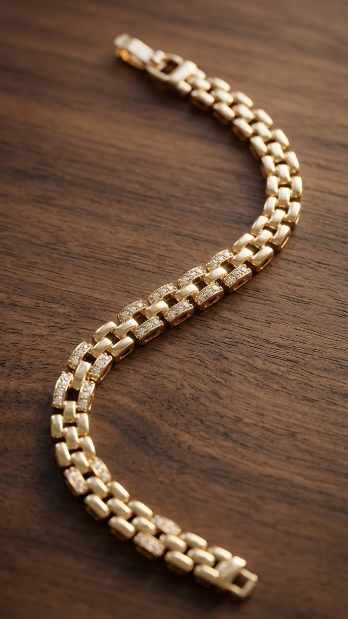 Gold plated CZ diamond chain bracelet flat lay – waterproof anti-tarnish bracelet for Indian women