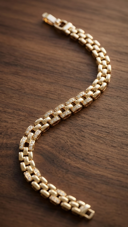 Gold plated CZ diamond chain bracelet flat lay – waterproof anti-tarnish bracelet for Indian women