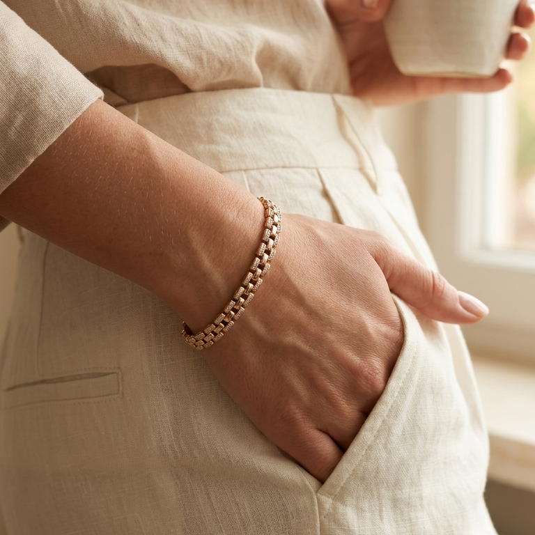 Close-up of gold plated cubic zirconia chain bracelet with sparkling CZ stones – JeevaFashions