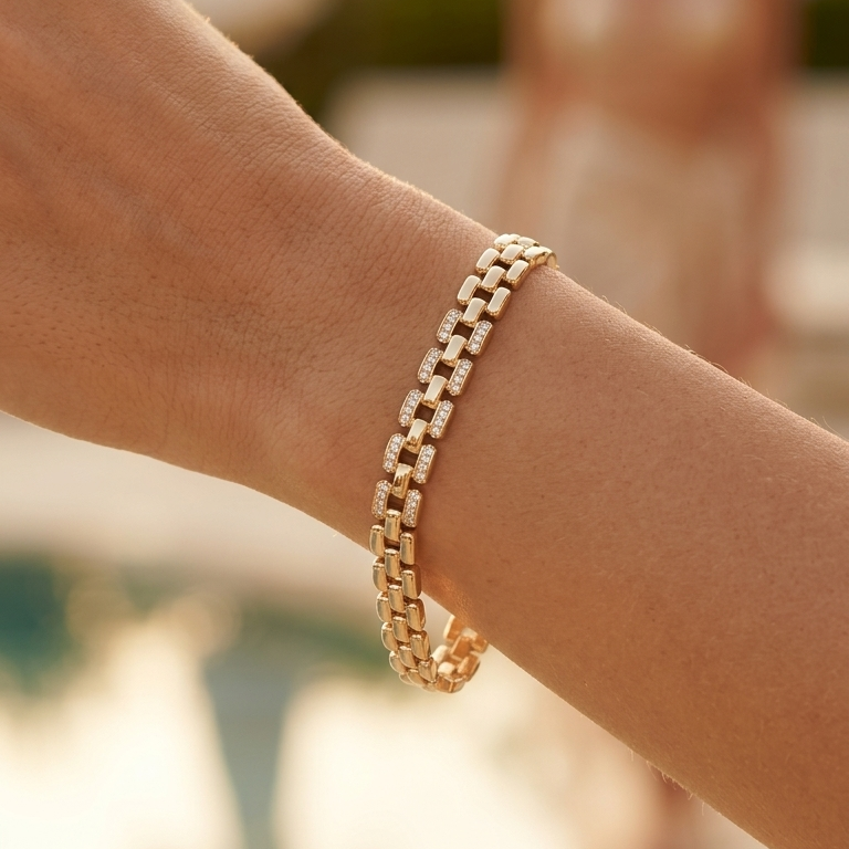 Gold plated chain bracelet with CZ stones on wrist – lightweight daily wear bracelet by JeevaFashions