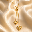 Gold plated double heart lariat necklace with adjustable bolo chain for women – anti-tarnish festive and daily wear