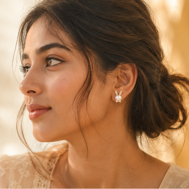Indian woman wearing gold plated faux pearl bunny stud earrings with crystal bow – styled for date night and festive wear