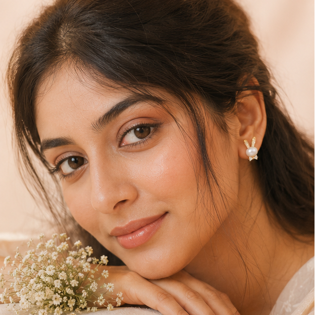 Woman wearing gold plated faux pearl bunny stud earrings with crystal bow – styled with fusion wear for party and travel