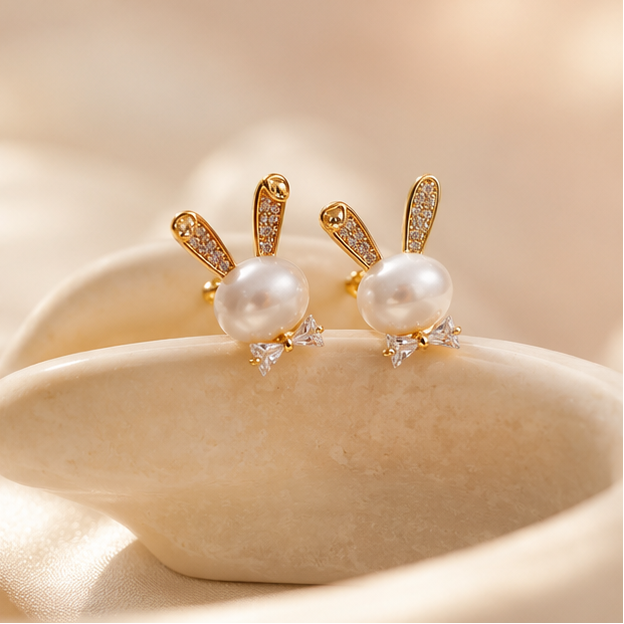 Gold plated faux pearl bunny stud earrings with crystal bow accent – styled product shot for Diwali and wedding occasions