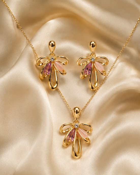 Gold plated flower pendant necklace and earrings set for Indian occasions at JeevaFashions