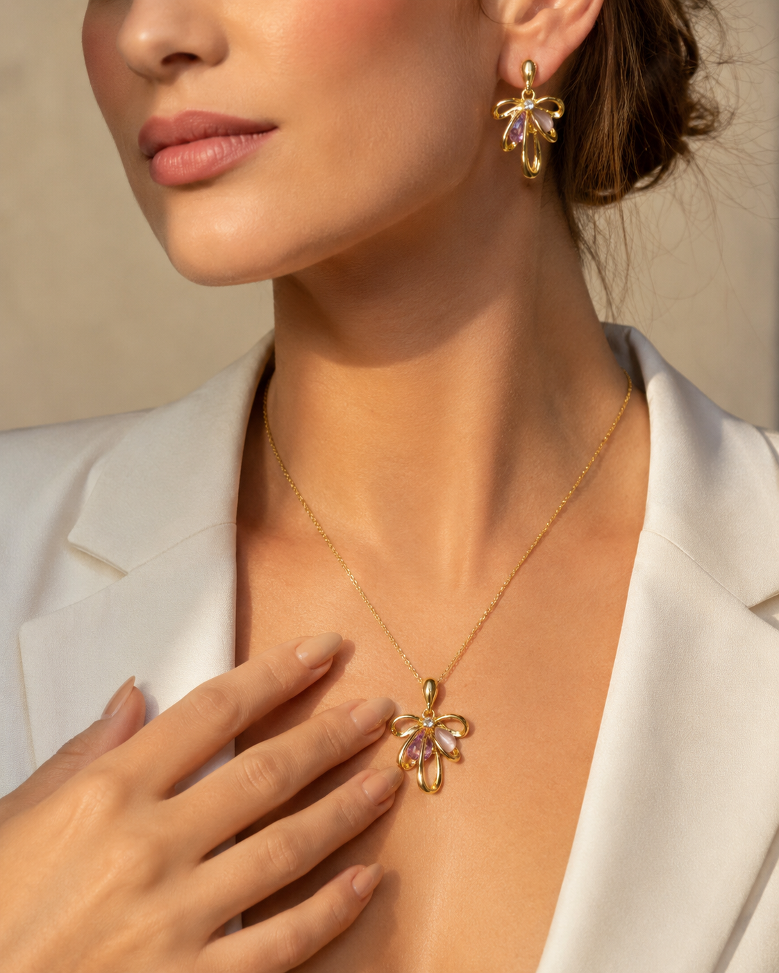 Anti-tarnish gold plated abstract flower pendant necklace close-up at JeevaFashions