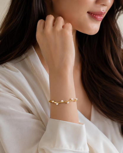 Gold plated pearl bracelet close up detail JeevaFashions