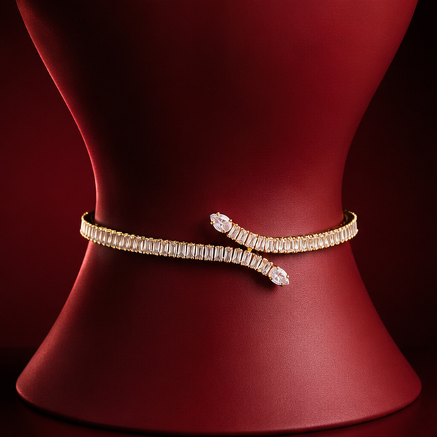 Gold plated snake tennis bracelet with clear baguette American Diamond for women – party and wedding wear