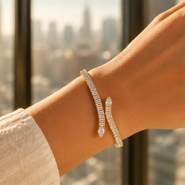 Gold plated snake tennis bracelet with clear baguette American Diamond – side angle view for women