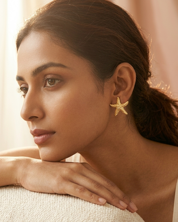 Gold plated starfish stud earrings for date night and resort wear – waterproof travel jewellery for women by JeevaFashions