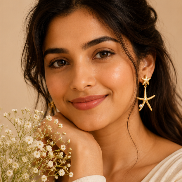 Gold-plated starfish faux pearl dangle earrings – anti-tarnish beach statement jewellery for Indian women