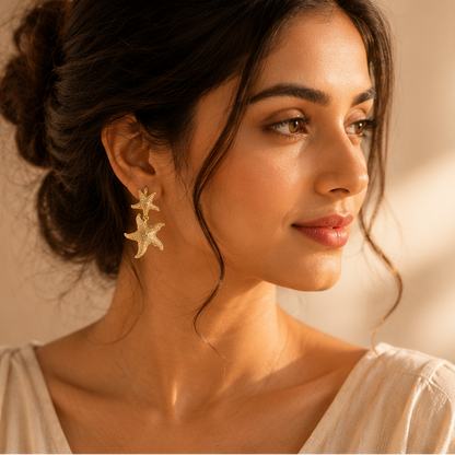 Gold-plated starfish and shell dangle earrings – anti-tarnish beach statement jewellery for Indian women