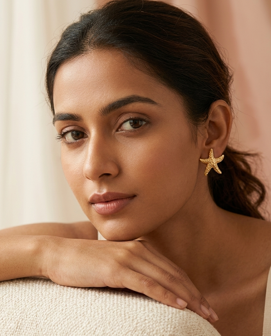 Gold plated starfish stud earrings styled for a beach holiday – coastal travel jewellery for women by JeevaFashions