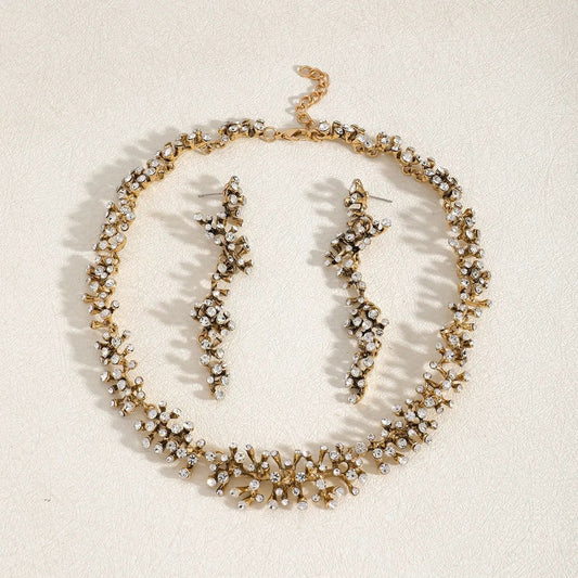 Gold plated zircon branch collar necklace and drop earrings set for women – JeevaFashions