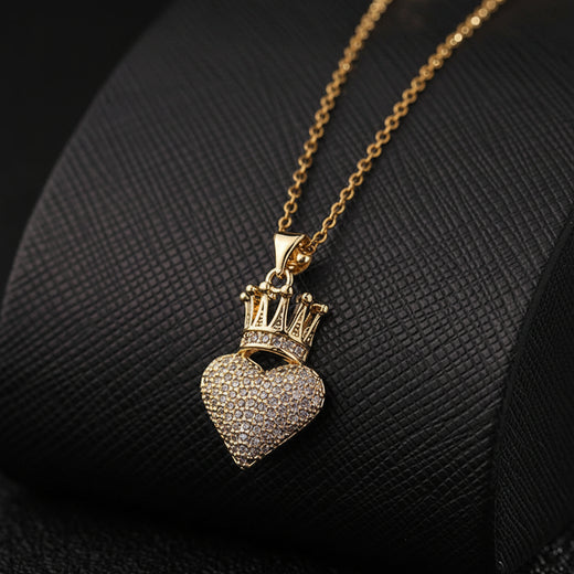 Crown heart pendant necklace PVD gold plated CZ for festive wear for women JeevaFashions
