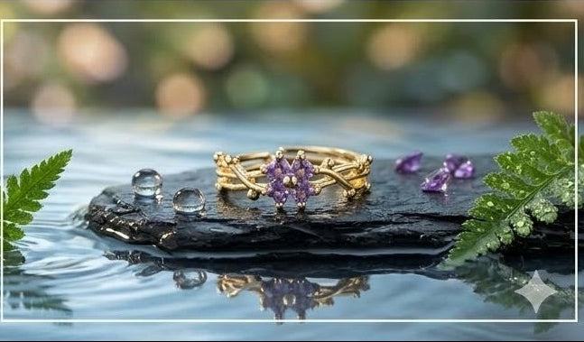 Gold ring with purple gemstones anti-tarnish JeevaFashions
