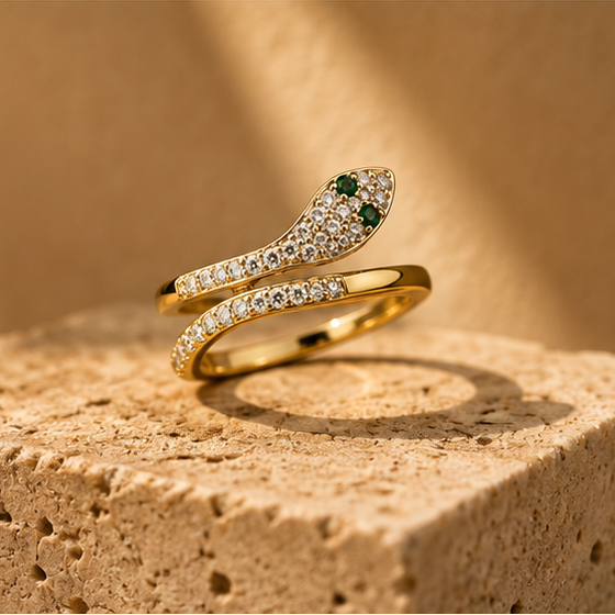 Gold snake ring adjustable serpent wrap with emerald CZ eyes JeevaFashions