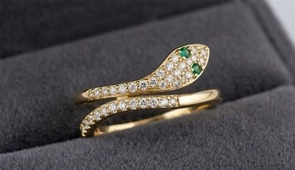 Gold snake ring for women with emerald CZ eyes adjustable band