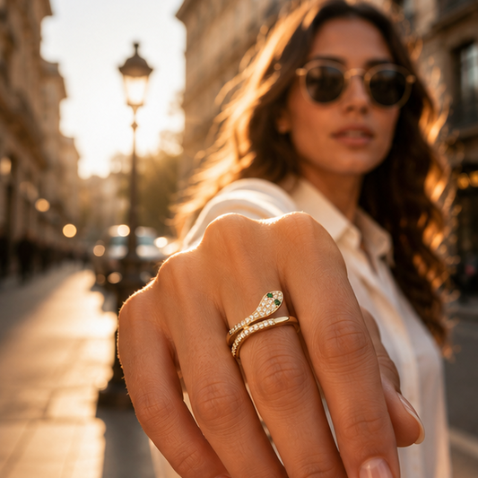 Gold snake serpent ring close up CZ crystal detail JeevaFashions