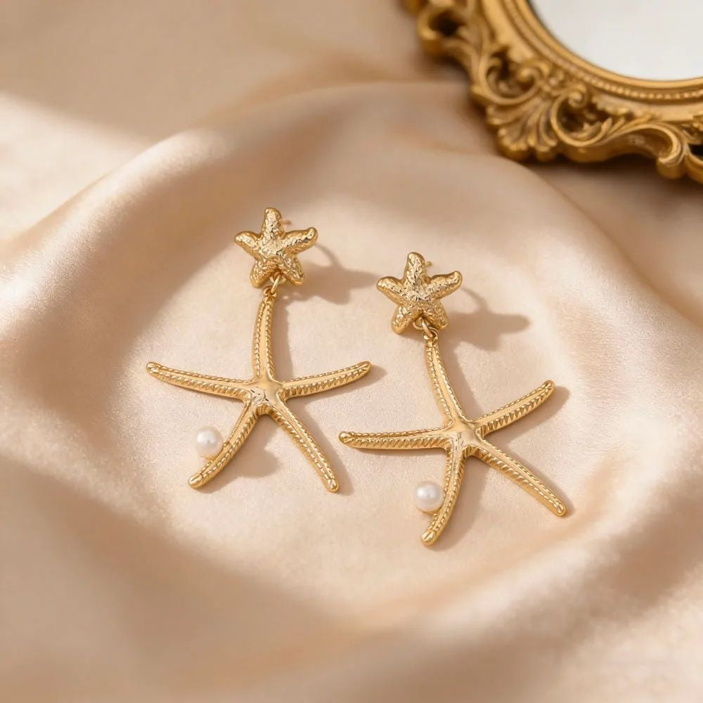 Gold starfish faux pearl drop statement earrings for women – beach jewellery for vacations and summer events