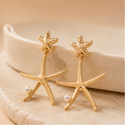 Gold starfish faux pearl earrings styled for beach outing – vacation jewellery for women by JeevaFashions