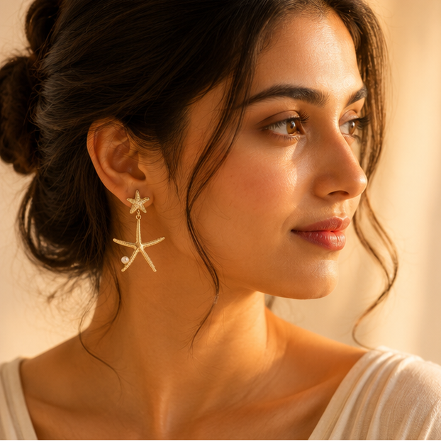 Close-up of gold starfish faux pearl drop earrings – zinc alloy with hypoallergenic stainless steel posts