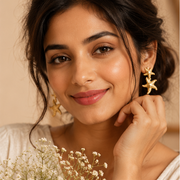 Gold starfish shell earrings styled for beach outing – vacation jewellery for women by JeevaFashions