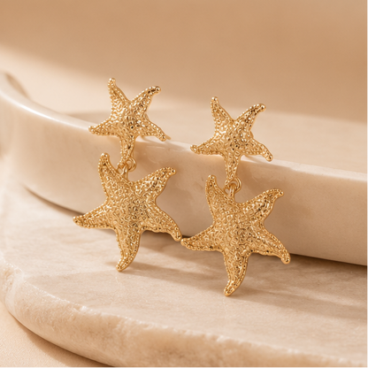 Close-up of gold starfish shell drop earrings – zinc alloy with hypoallergenic stainless steel posts