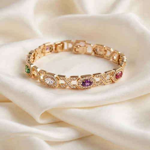 multicolor CZ art deco link bracelet gold-plated steel for women JeevaFashions